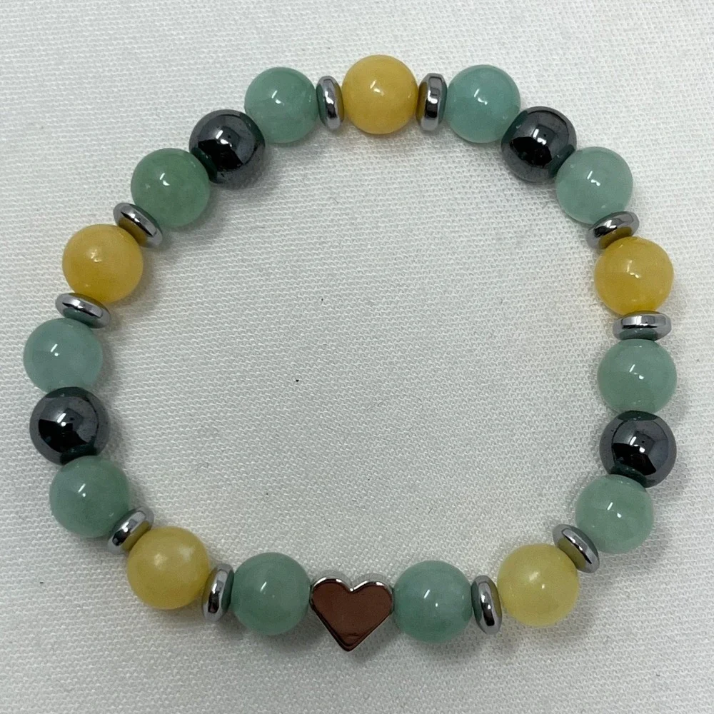 GDEER Friendship Natural Stone Beaded Stretch Bracelet Heart Charm Green Yellow